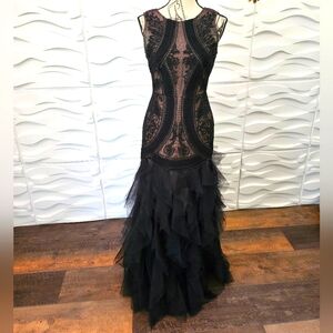 Beautiful Black BCBGMAXAZRIA Size 4 Formal Lace Ruffled Gown worn once.